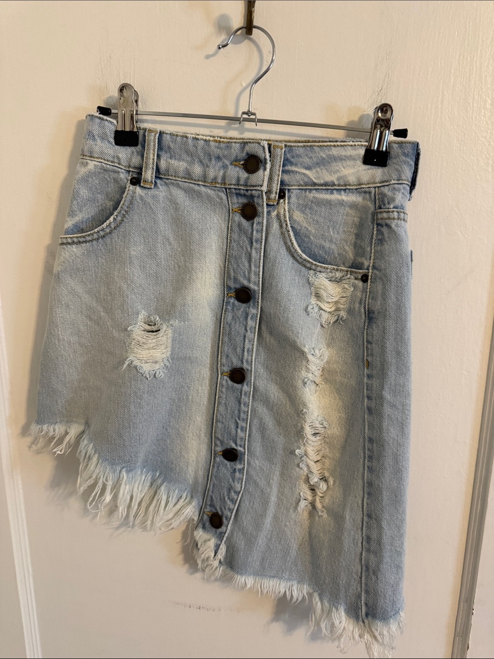 Retrofete Light Wash Distressed Asymmetrical Jean Miniskirt Made in Italy Sz XS